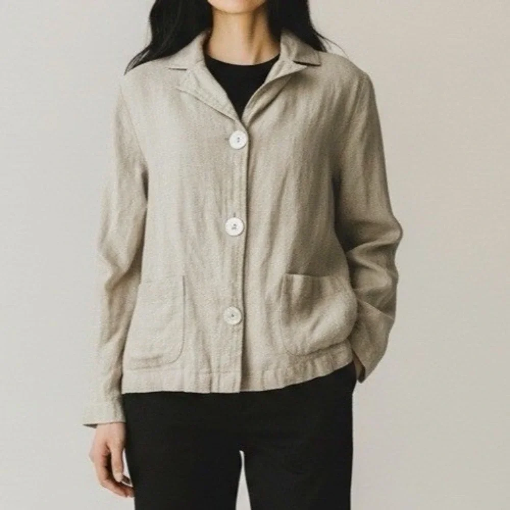 Vintage Jacket 8P Beige 100% Linen Shell Button Cinch Patch Pocket Minimalist